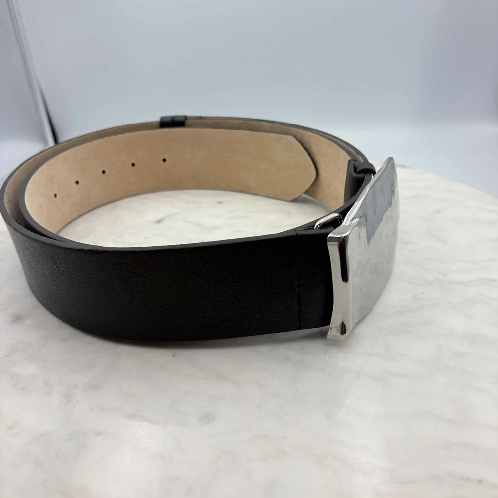 Chico's Belt Women M/L Black Hammered Silver Large Buckle Wide Leather Backed